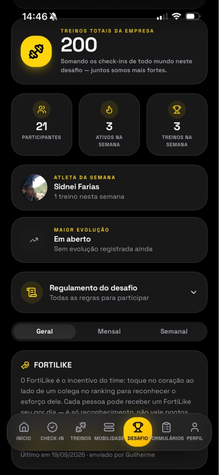 Tela de desafios e ranking do aplicativo FortiLight PRO com participantes, atleta da semana e FortiLike